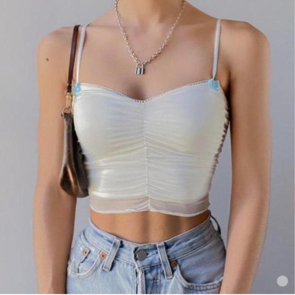 Urban Outfitters White and Blue Ruched Tank Top w/ Ribbons